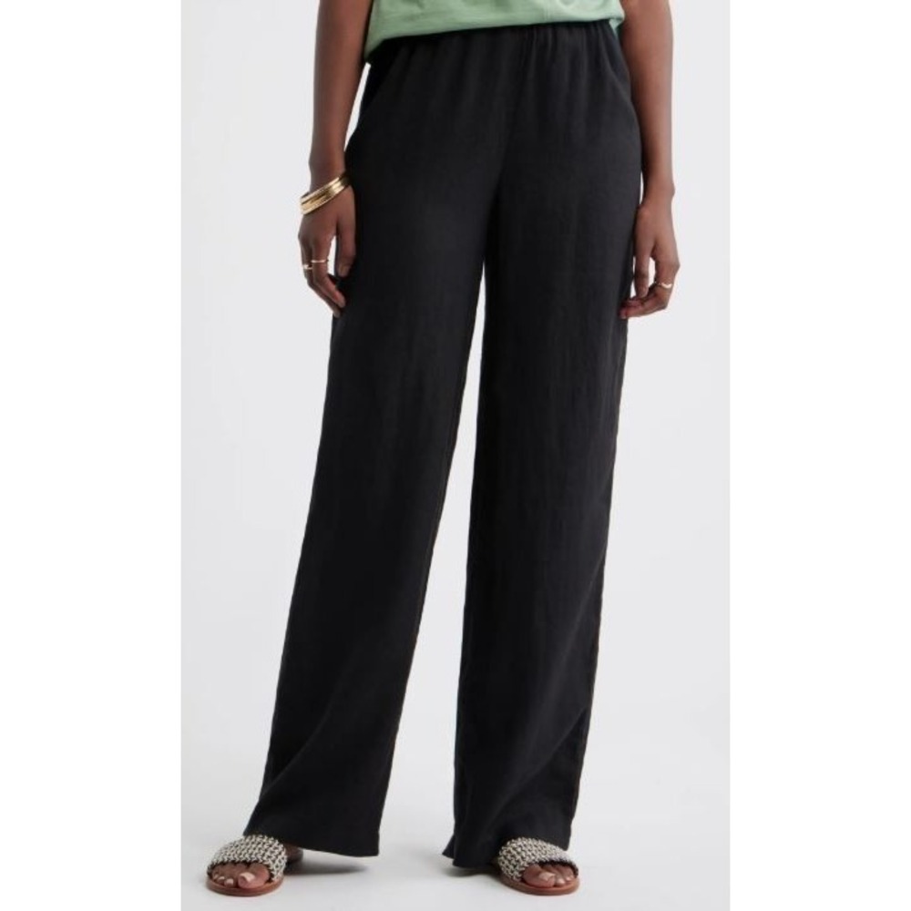 Caslon Women's Wide Leg Elastic Waist Pull-On Linen Blend Pants‎ in Black Small